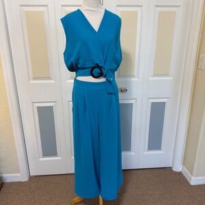 Tullea Women Turquoise Blue Wrap Crop Top Wide Leg Palazzo Pant Set XL